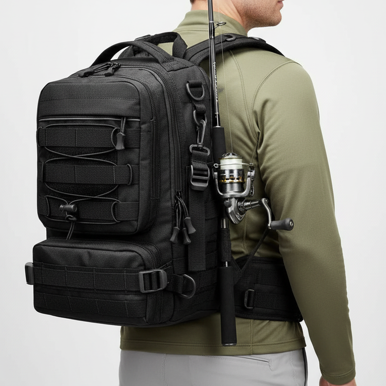 Compact tactical fishing backpack with rod holder and organised compartments