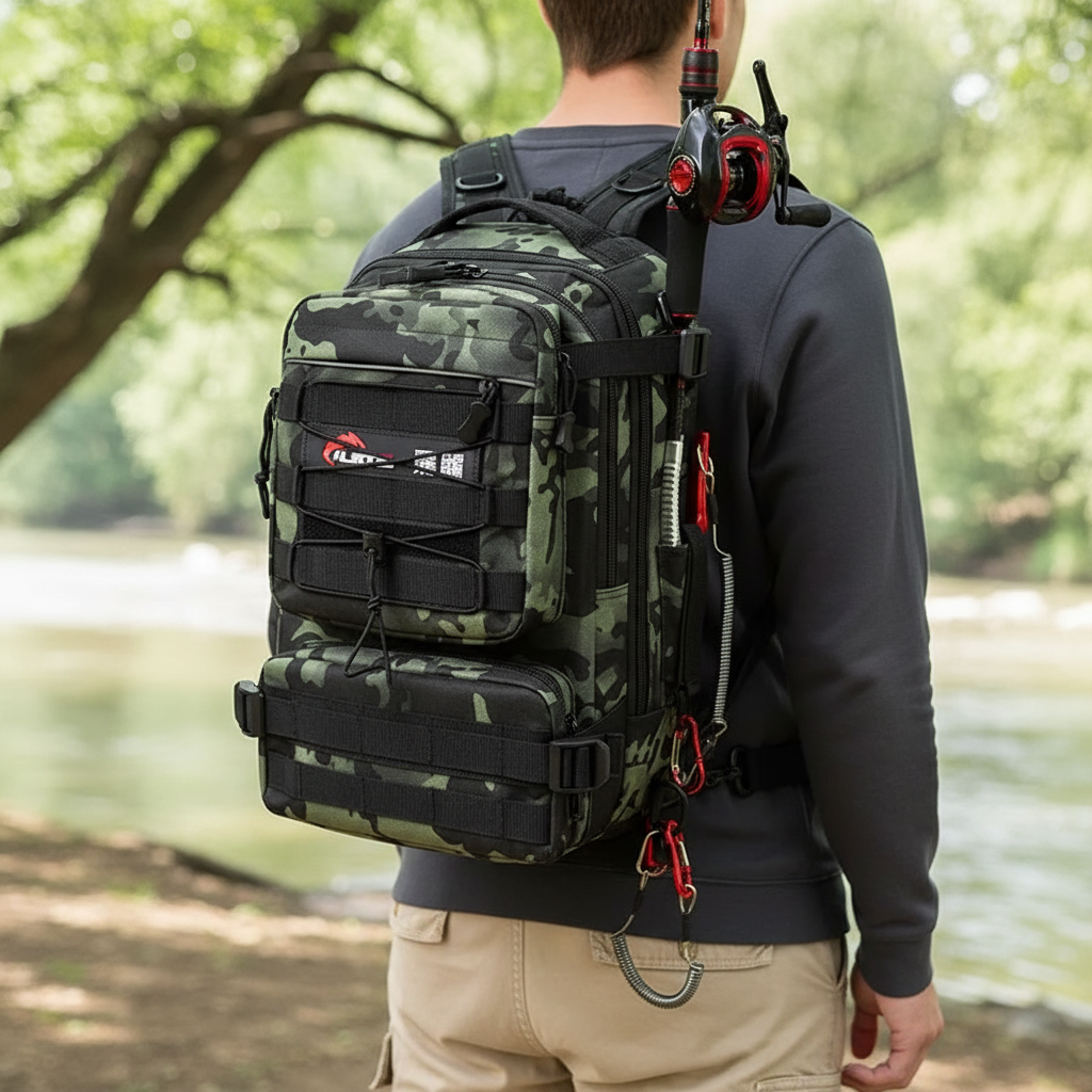 Compact tactical fishing backpack with rod holder and organised compartments