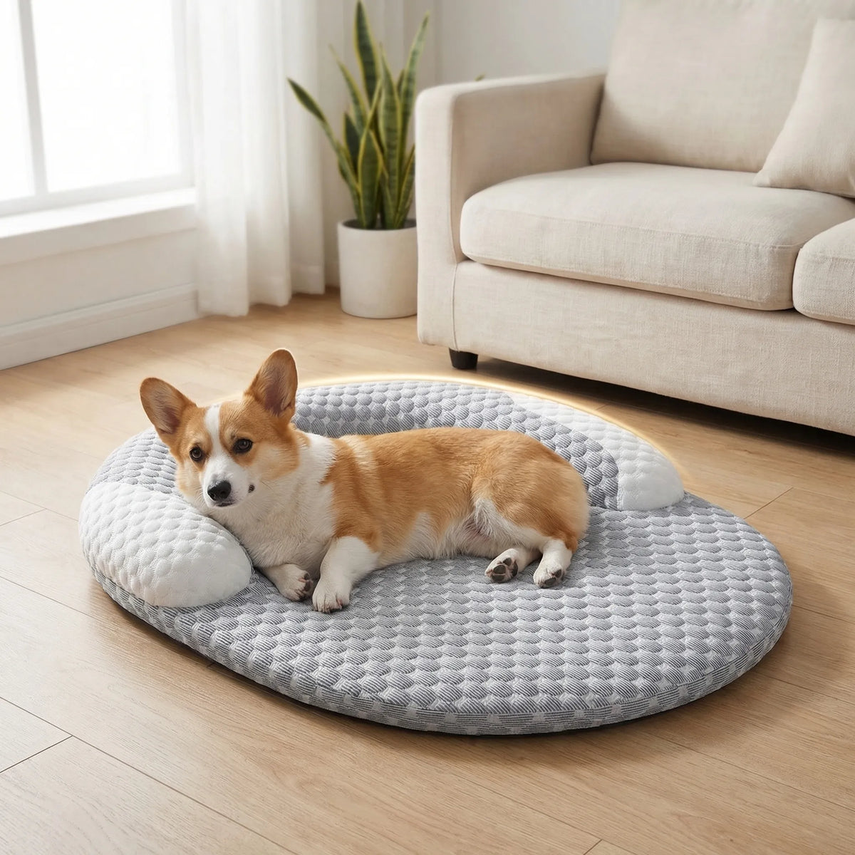 Cooling sofa-style dog bed with honeycomb fabric and raised neck bolster