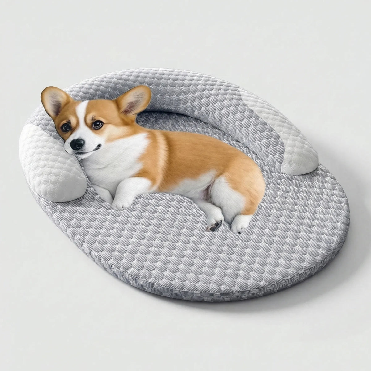 Cooling sofa-style dog bed with honeycomb fabric and raised neck bolster