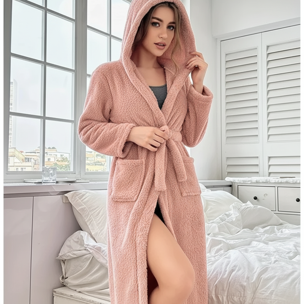 Hooded plush bathrobe with deep pockets and adjustable waist belt