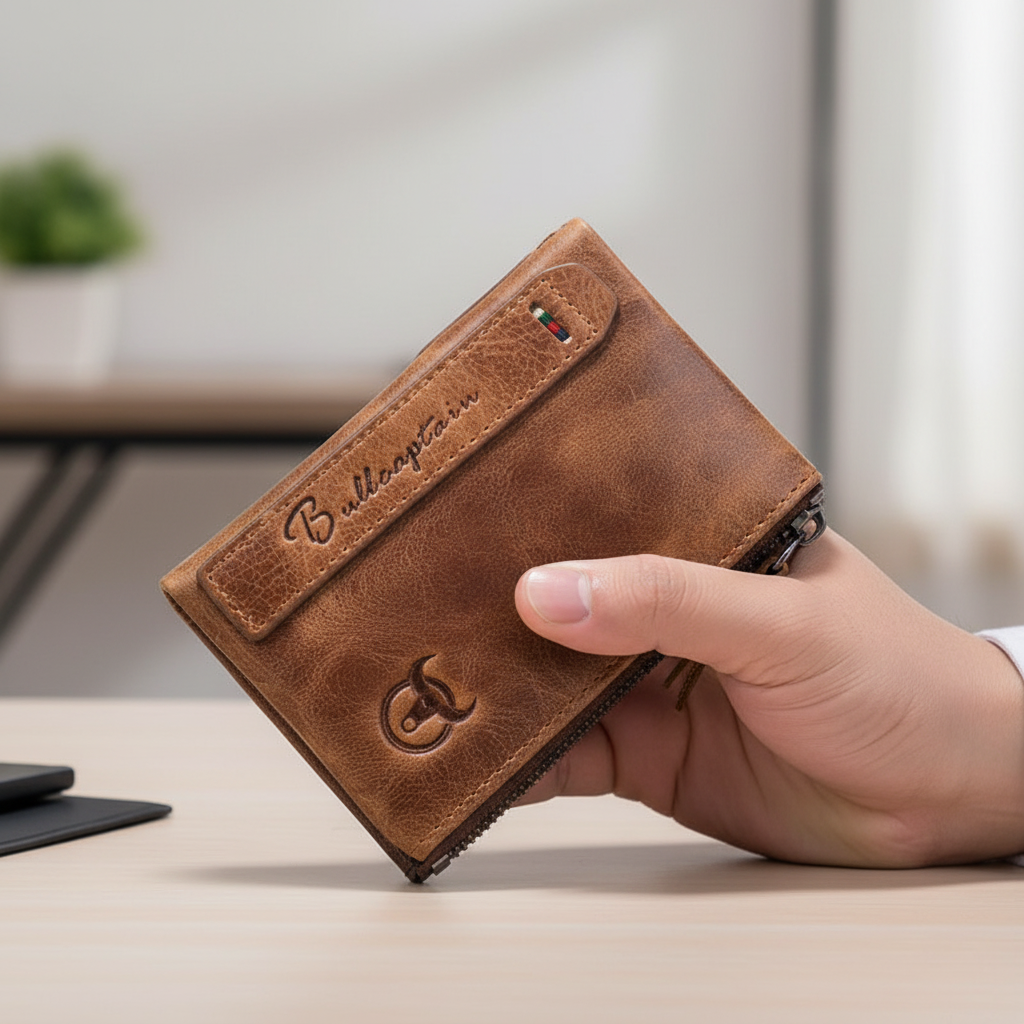 Compact retro men's wallet with zip closure and coin pocket