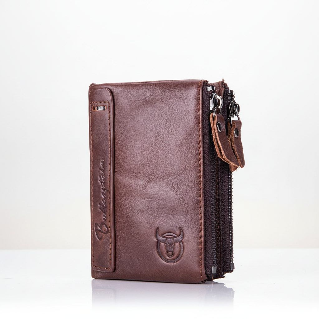 Compact retro men's wallet with zip closure and coin pocket