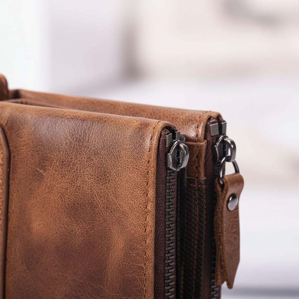 Compact retro men's wallet with zip closure and coin pocket