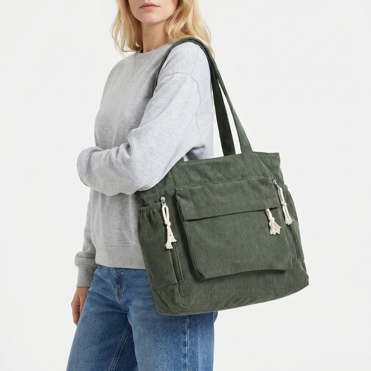 Corduroy shoulder tote with multiple external pockets and rope details