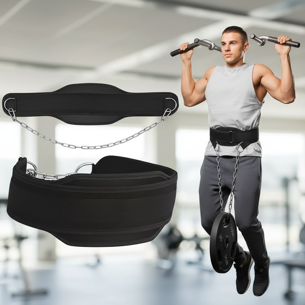 Padded weighted pull up and dip belt with metal chain and adjustable hip support