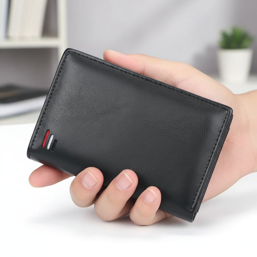 Compact men's wallet with secure zipper coin pocket and multiple card slots