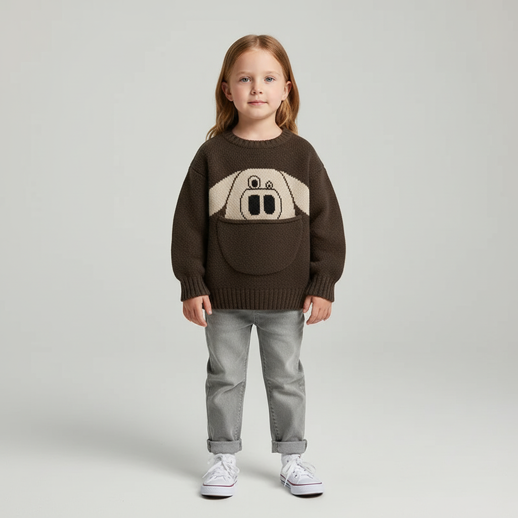 Kids cotton knit sweater with cute pocket design and long sleeves