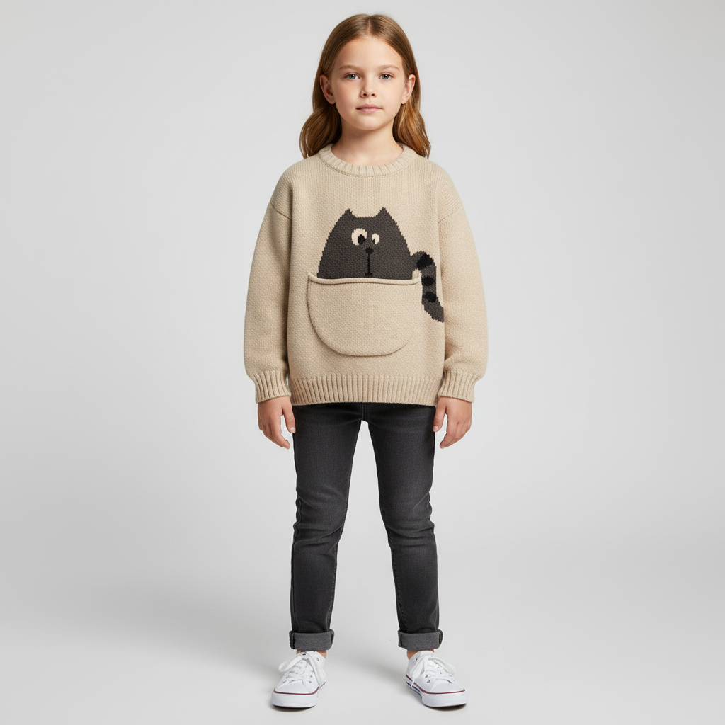 Kids cotton knit sweater with cute pocket design and long sleeves