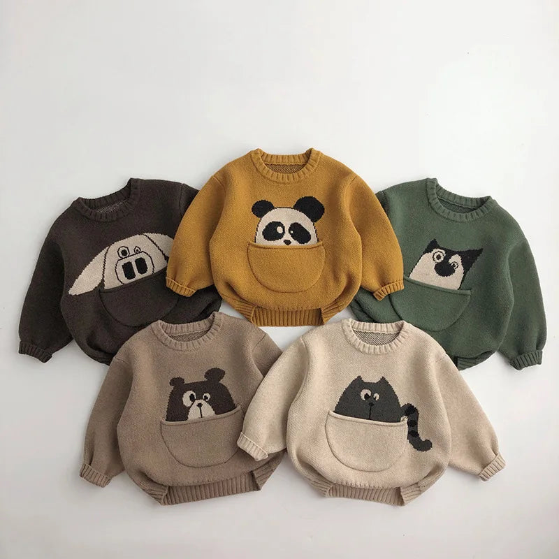 Kids cotton knit sweater with cute pocket design and long sleeves