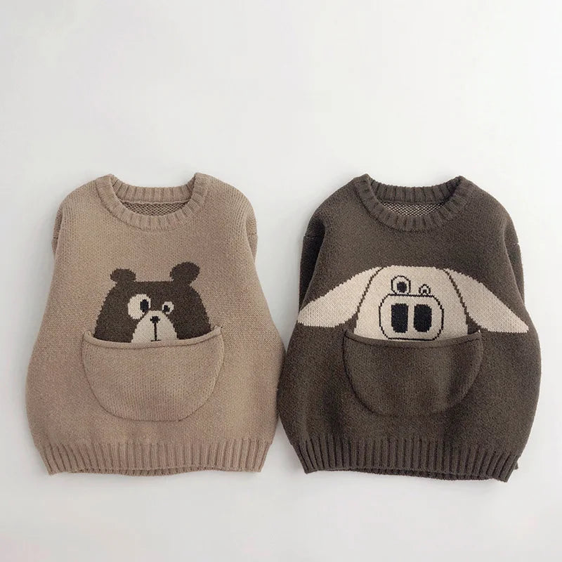 Kids cotton knit sweater with cute pocket design and long sleeves