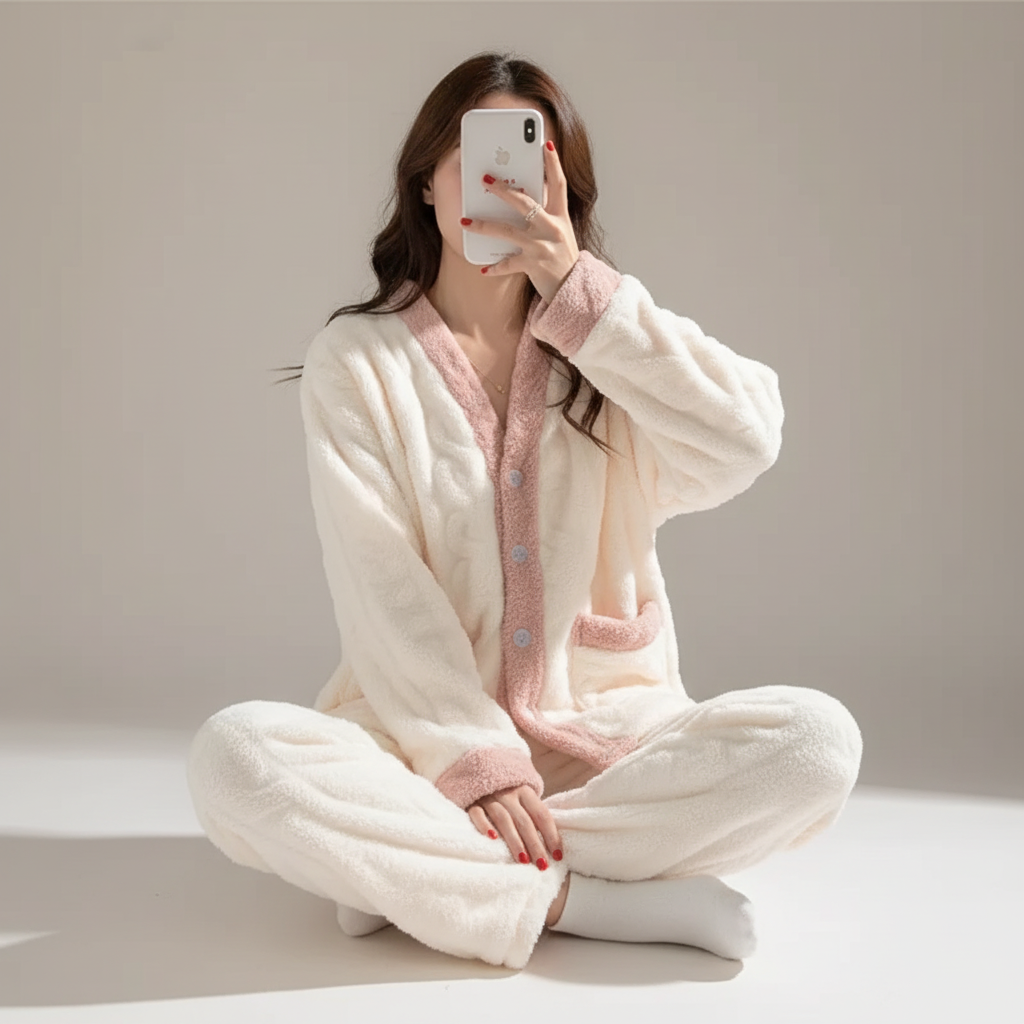 Long plush sleepwear set with V-neck cardigan and floral texture