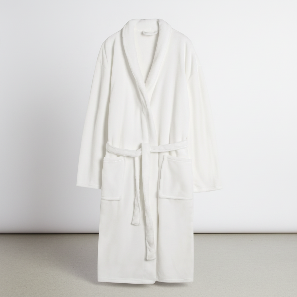 Long plush bathrobe with shawl collar and front pockets