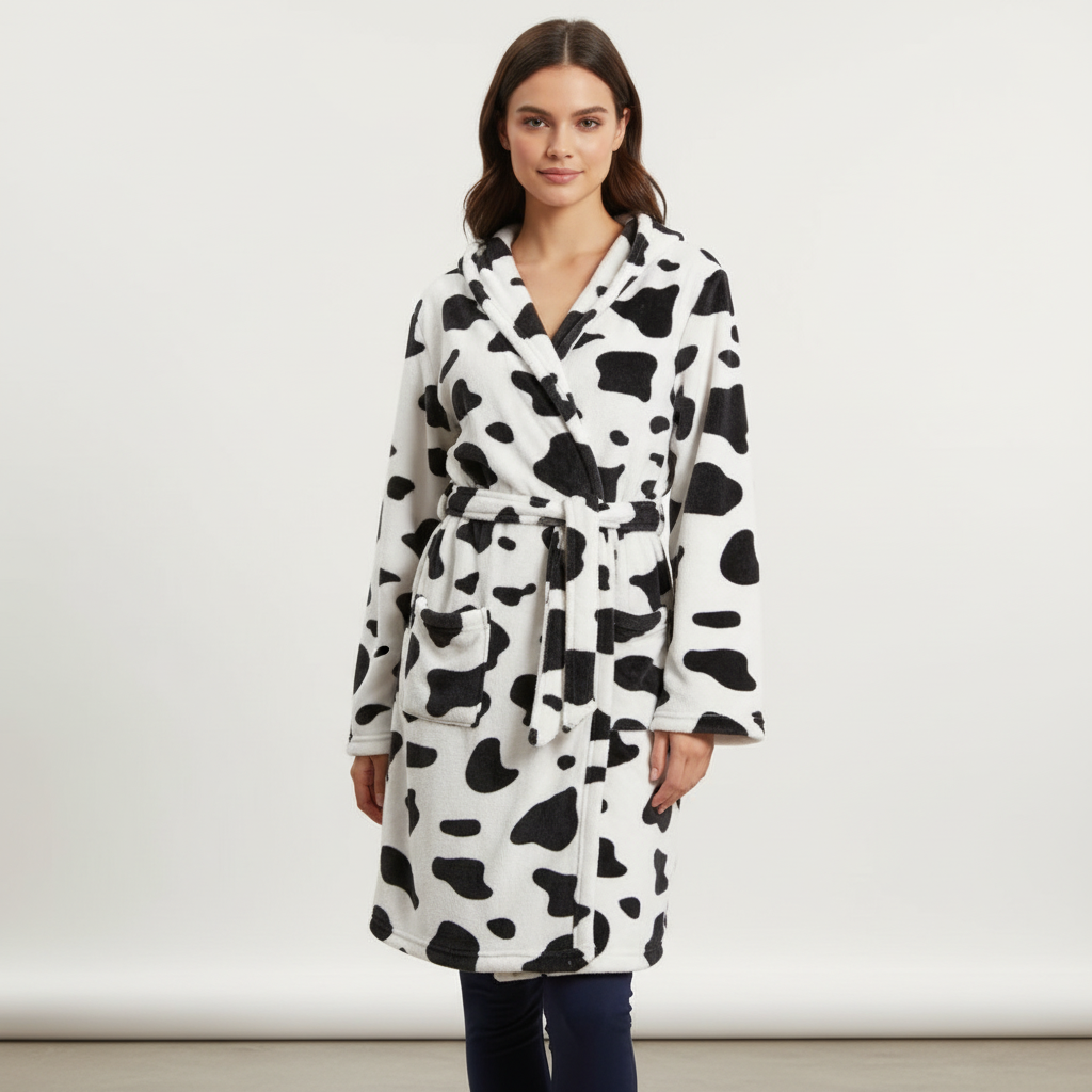 Cute cow print knee-length robe with adjustable front belt
