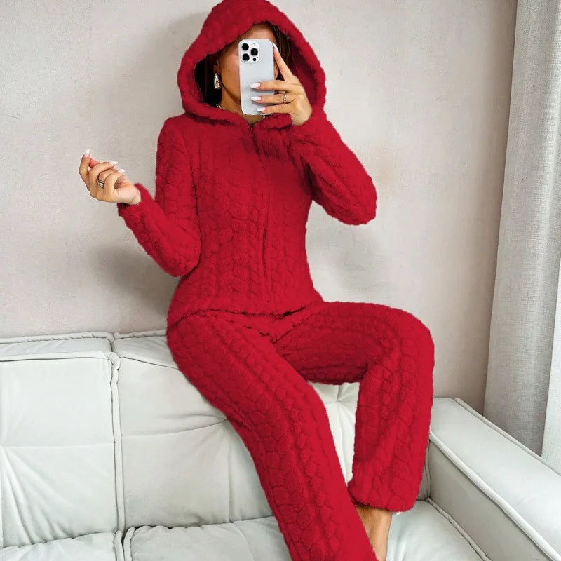 Hooded onesie loungewear with thick plush insulation and full sleeves