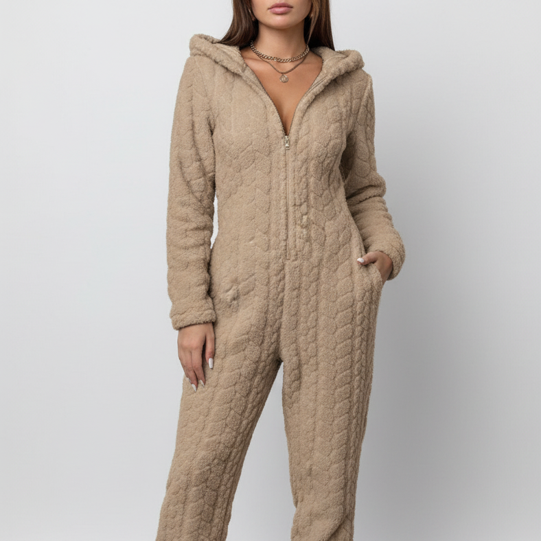 Hooded onesie loungewear with thick plush insulation and full sleeves