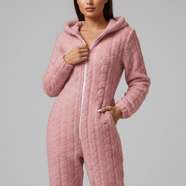 Hooded onesie loungewear with thick plush insulation and full sleeves