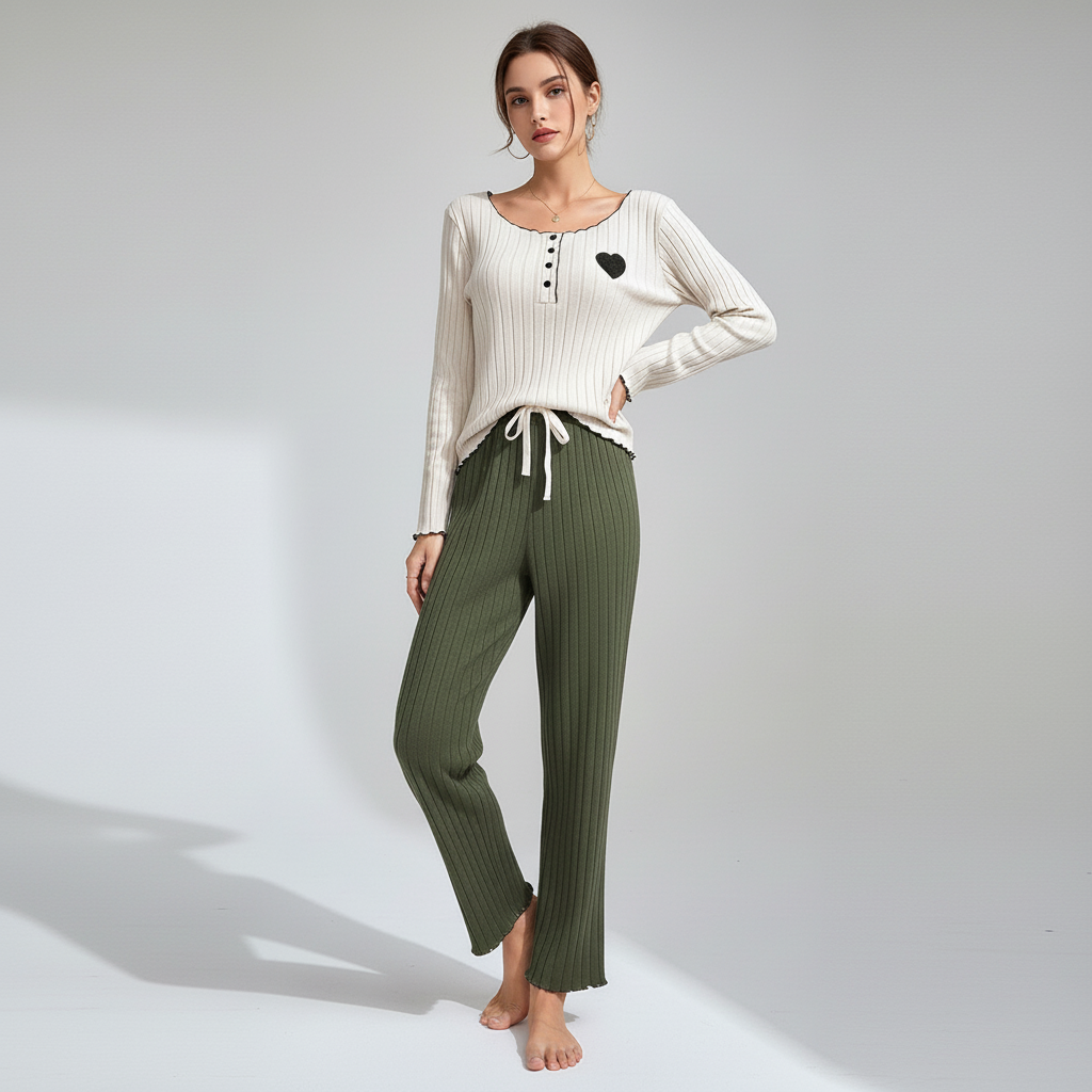 Women's ribbed pyjama set with long sleeves and ankle-length trousers