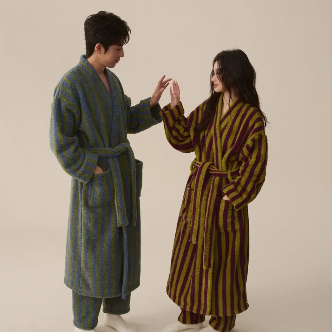 Knee length striped robe and pants set with plush warm finish
