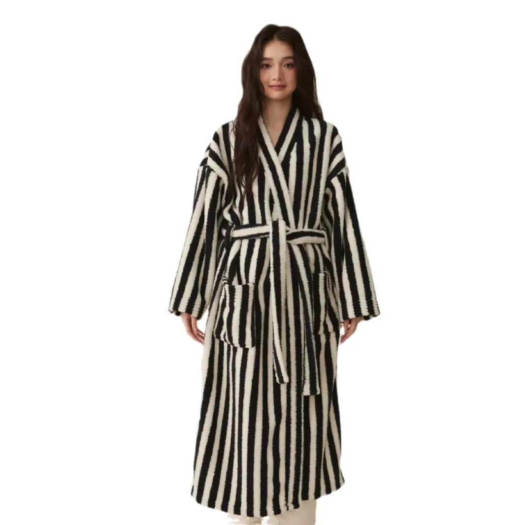 Knee length striped robe and pants set with plush warm finish