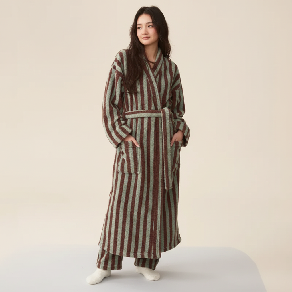 Knee length striped robe and pants set with plush warm finish