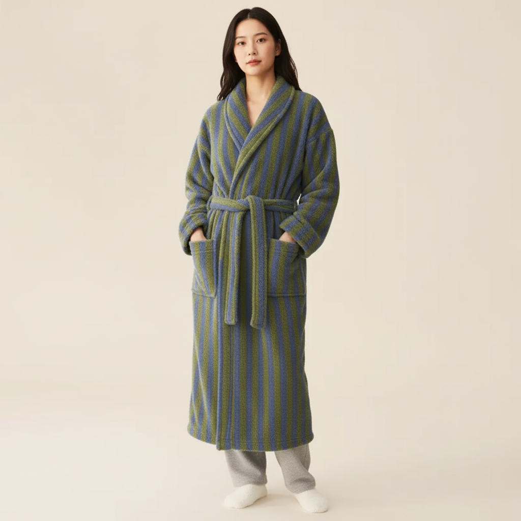 Knee length striped robe and pants set with plush warm finish