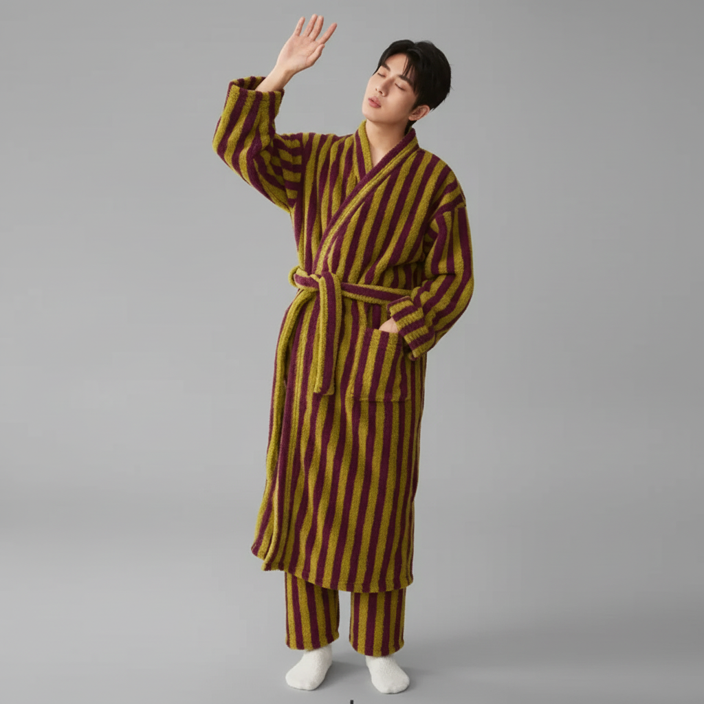 Knee length striped robe and pants set with plush warm finish