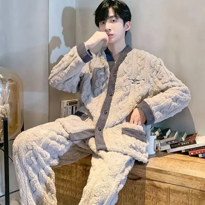 Men's thick plush pyjama set with warm insulation and V-neck button front