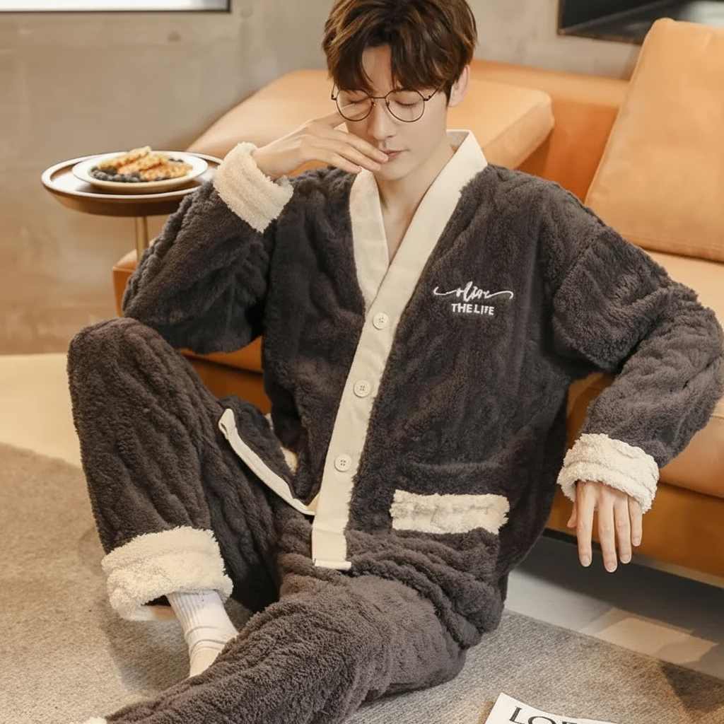 Men's thick plush pyjama set with warm insulation and V-neck button front