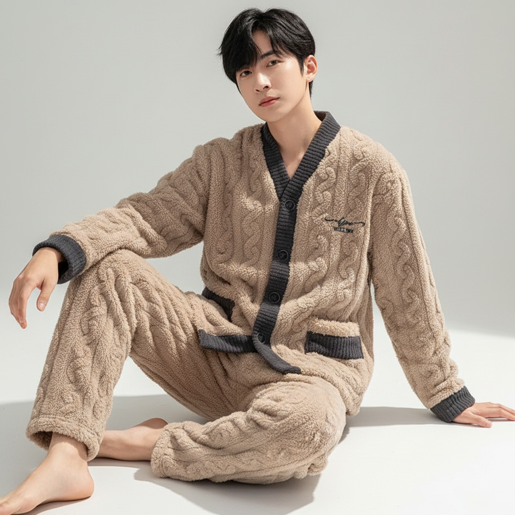 Men's thick plush pyjama set with warm insulation and V-neck button front