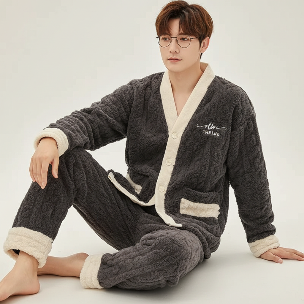 Men's thick plush pyjama set with warm insulation and V-neck button front