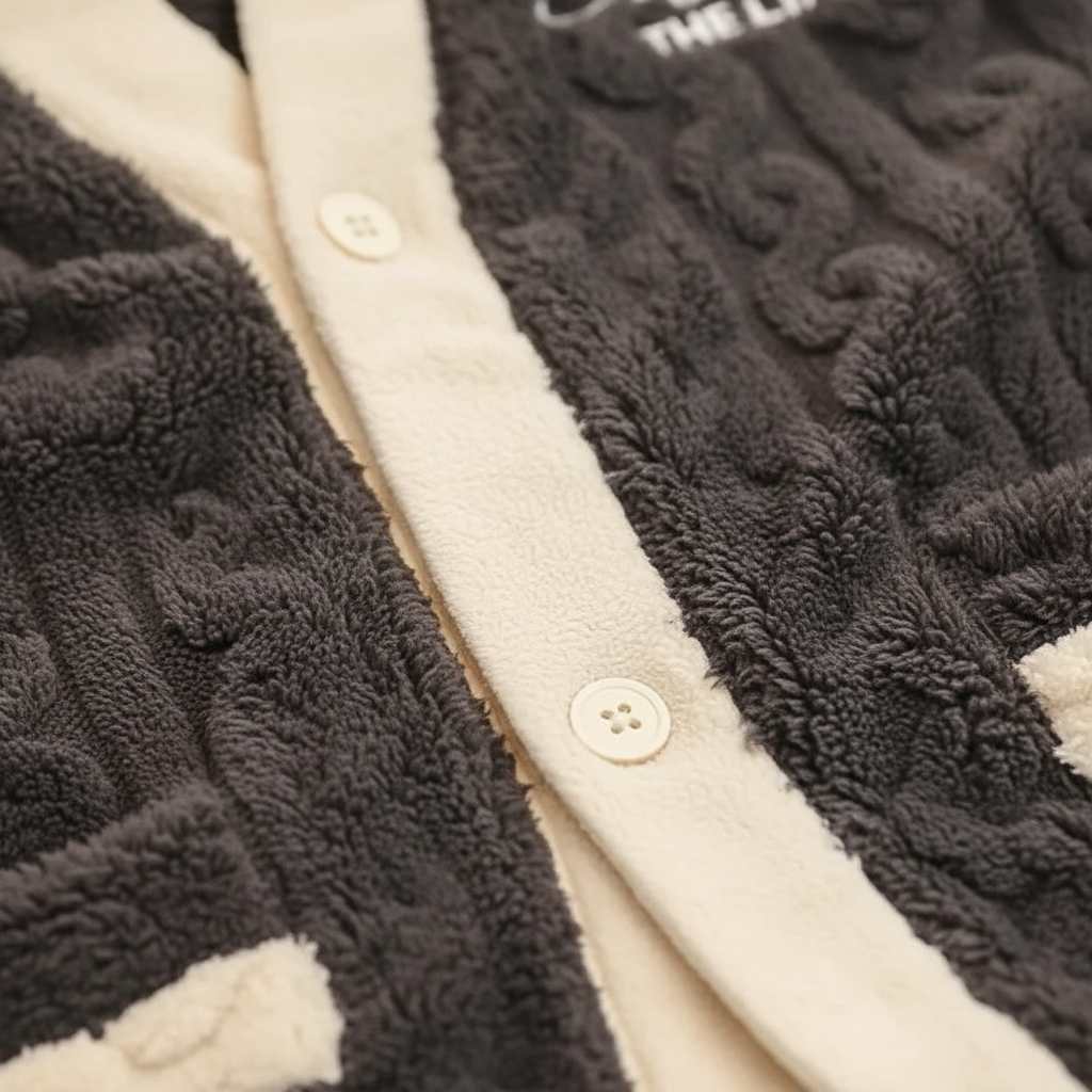 Men's thick plush pyjama set with warm insulation and V-neck button front