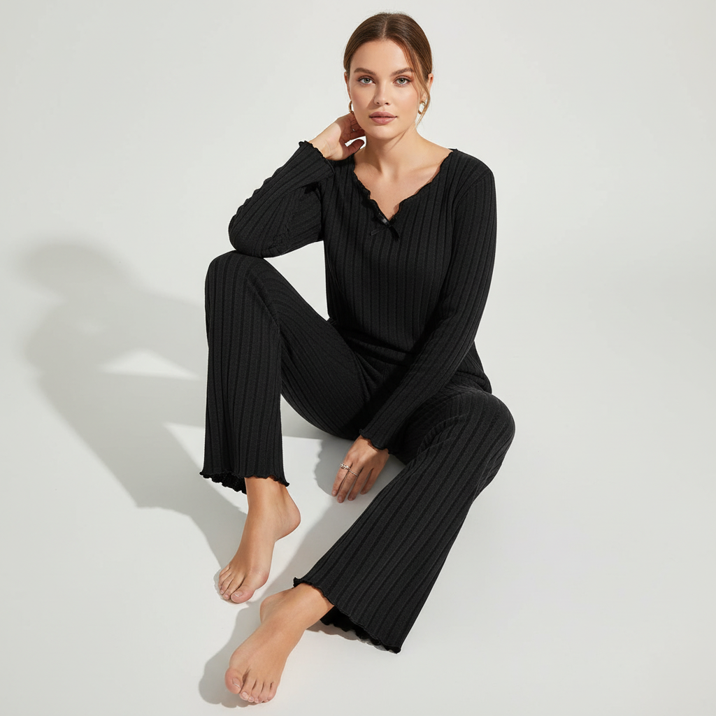 Women's ribbed long sleeve pyjama set with relaxed V-neck and ankle-length pants