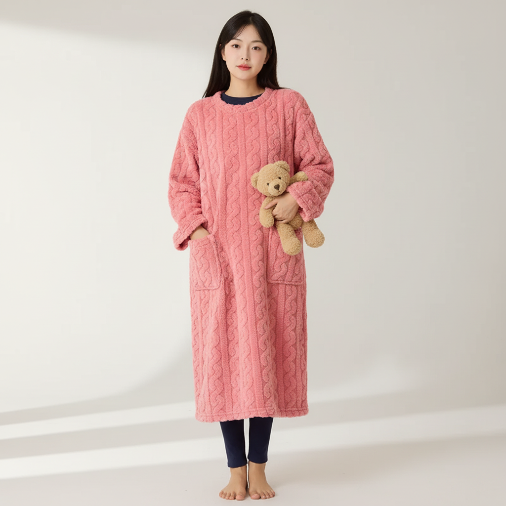 Long cosy women's robe with warm plush fabric and full sleeves