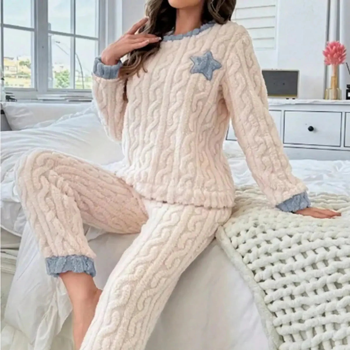 Two piece pyjama set with embroidered star detail and elastic waist