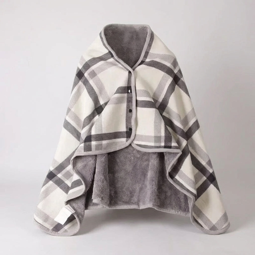 Portable shoulder wrap blanket with checked pattern warm fluffy