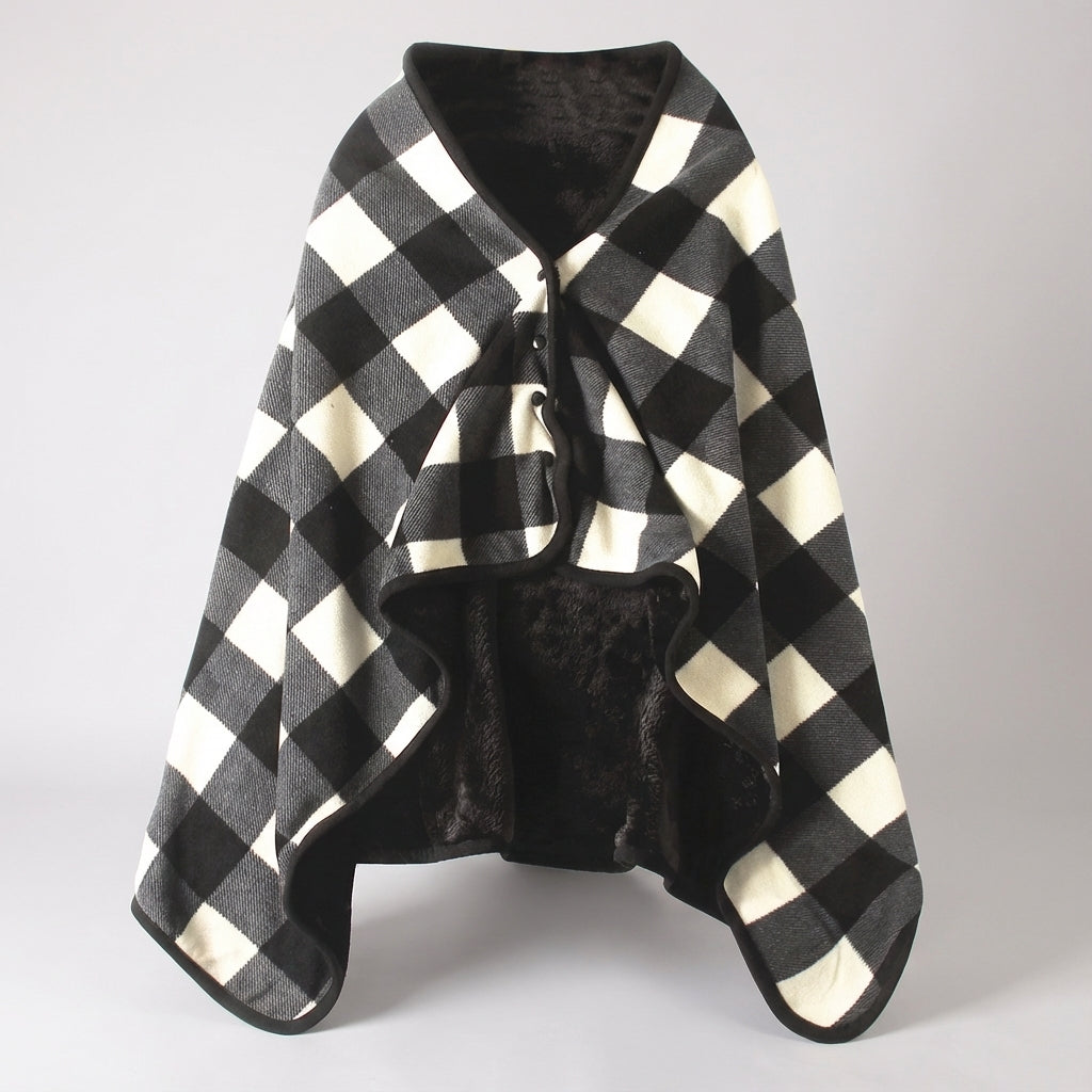 Portable shoulder wrap blanket with checked pattern warm fluffy