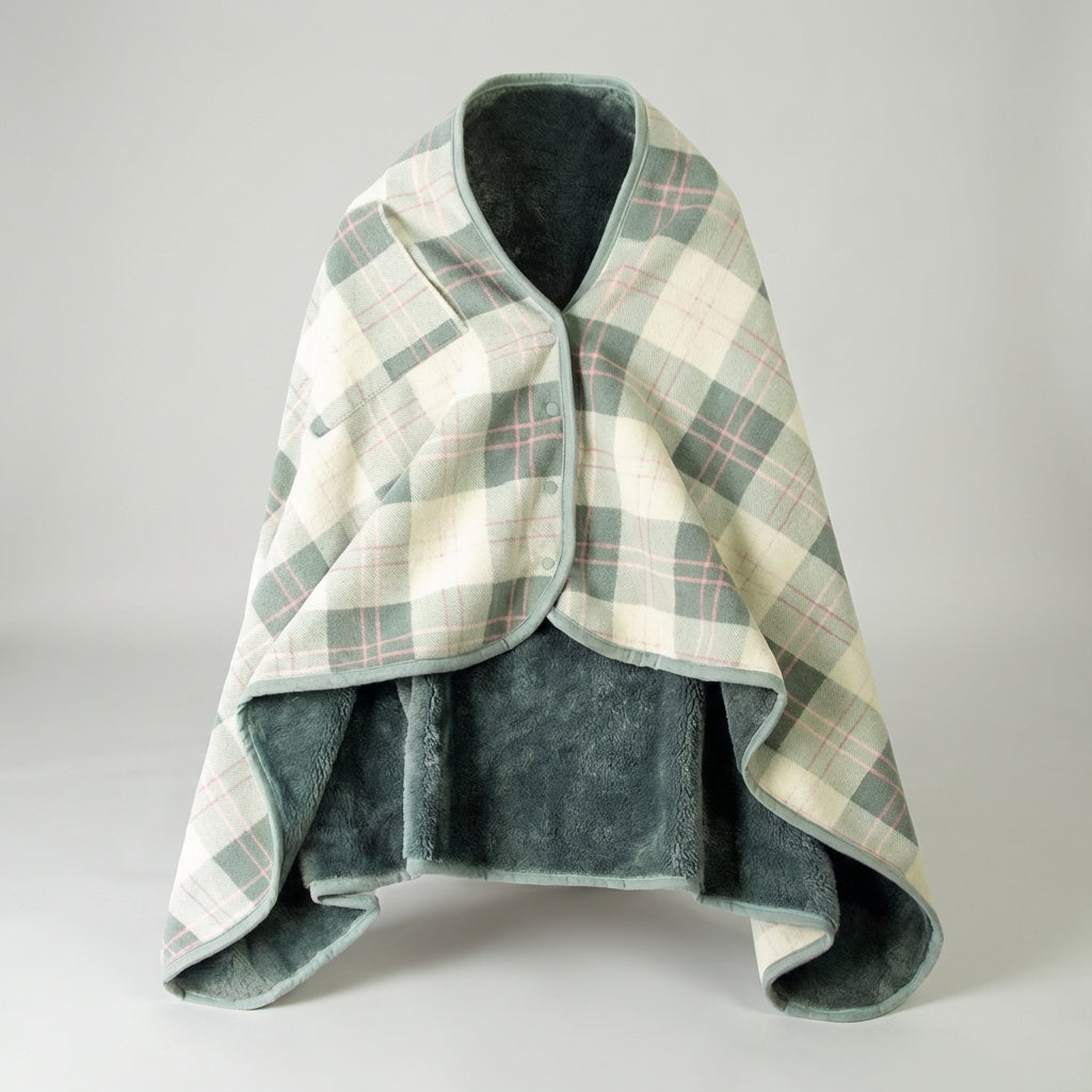Portable shoulder wrap blanket with checked pattern warm fluffy