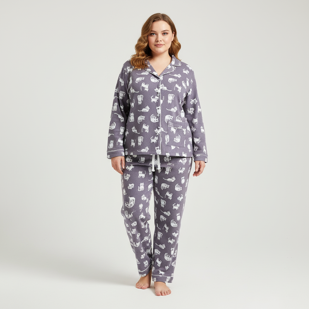 Women's plus-size plaid pyjama set with soft textured fabric