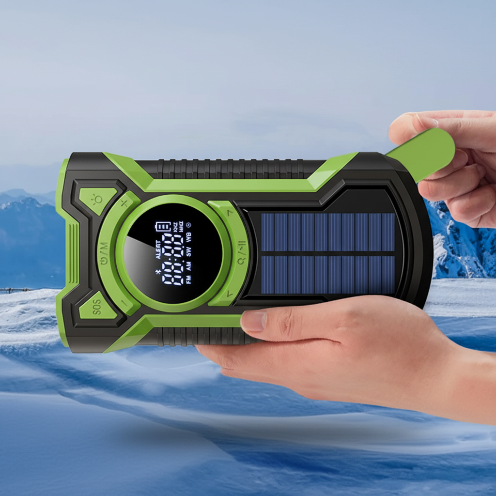 Emergency hand crank radio with solar charging and LED flashlight