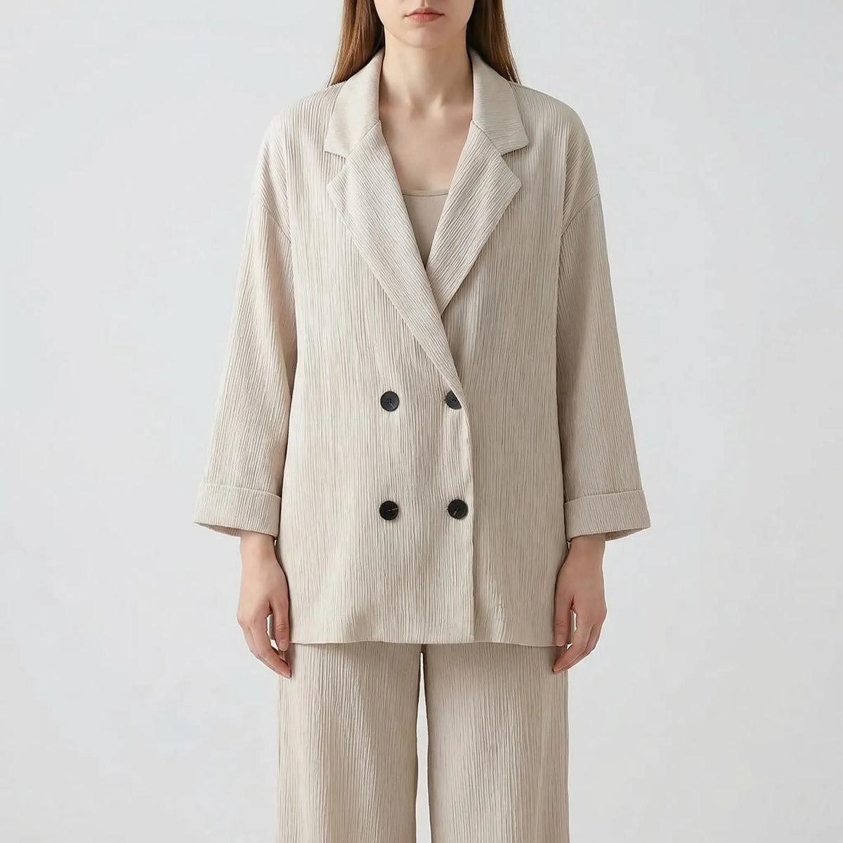 Women's double-breasted jacket and trousers set with wrinkle texture fabric