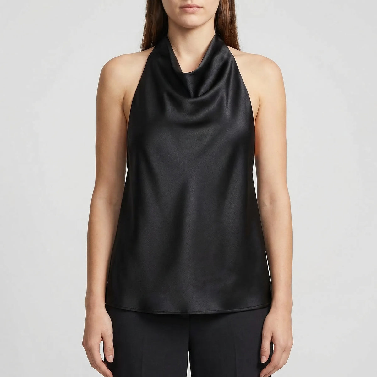 Backless halter camisole with draped cowl neckline and satin finish