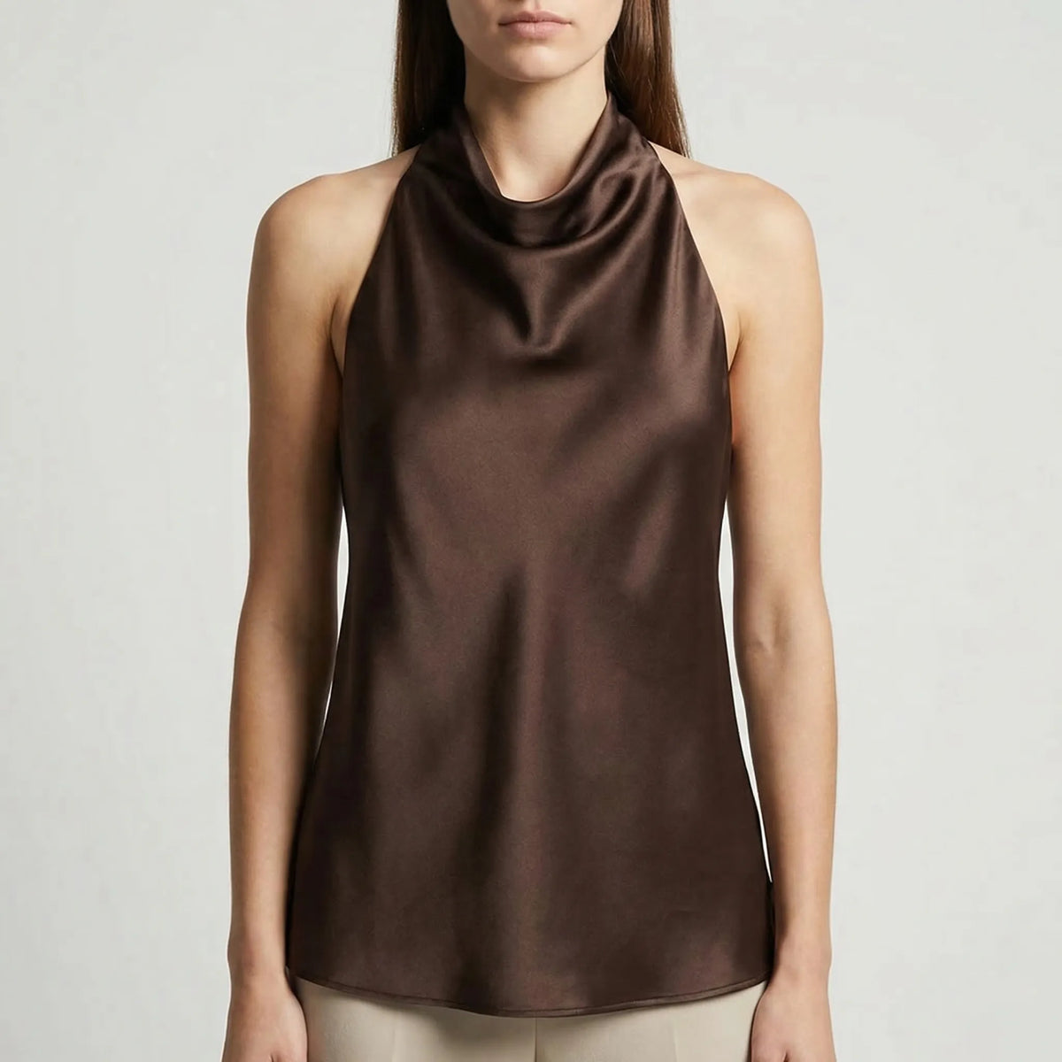 Backless halter camisole with draped cowl neckline and satin finish