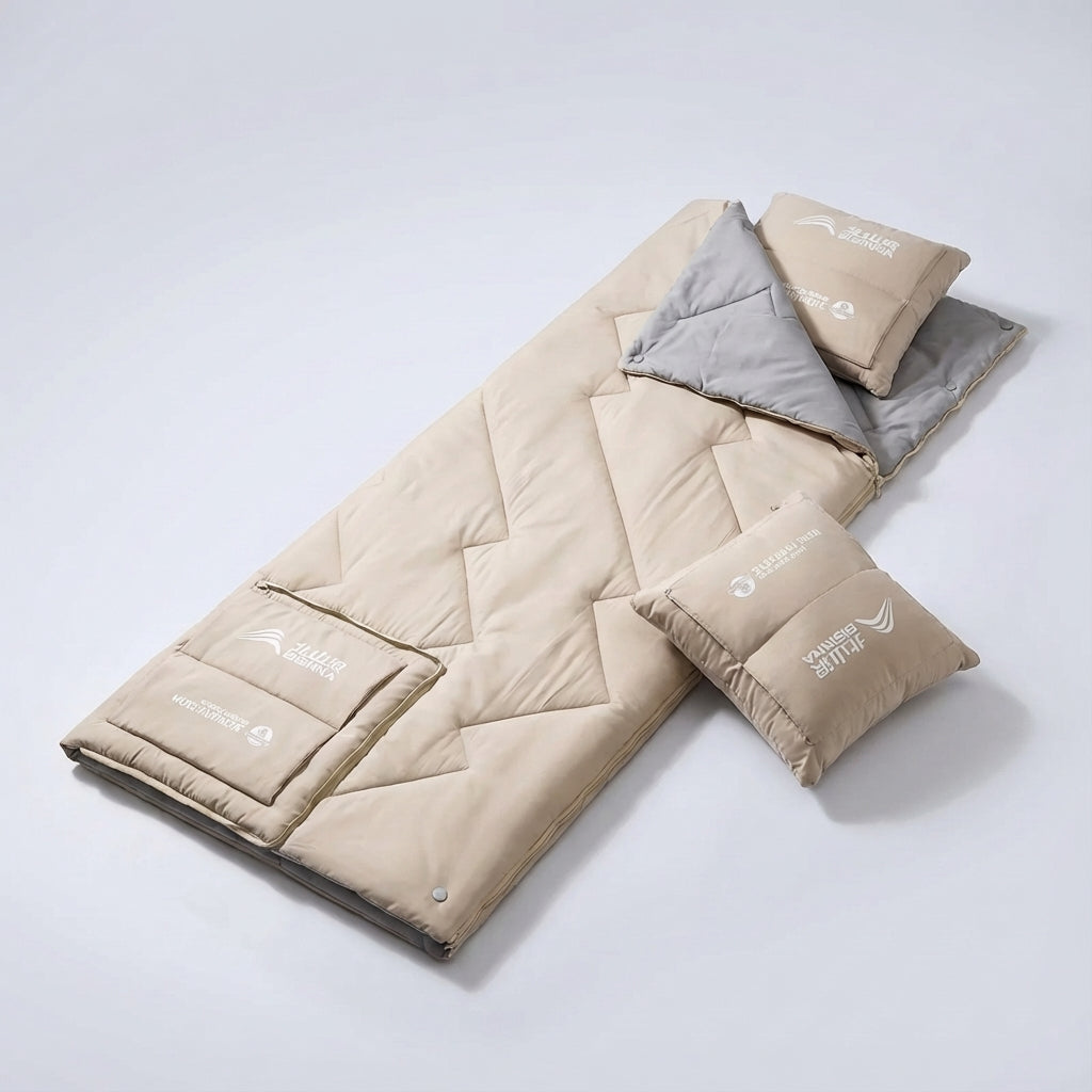 Portable rectangular sleeping bag with pillow and blanket