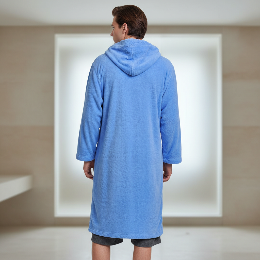 Long hooded bathrobe with absorbent fabric and deep pockets