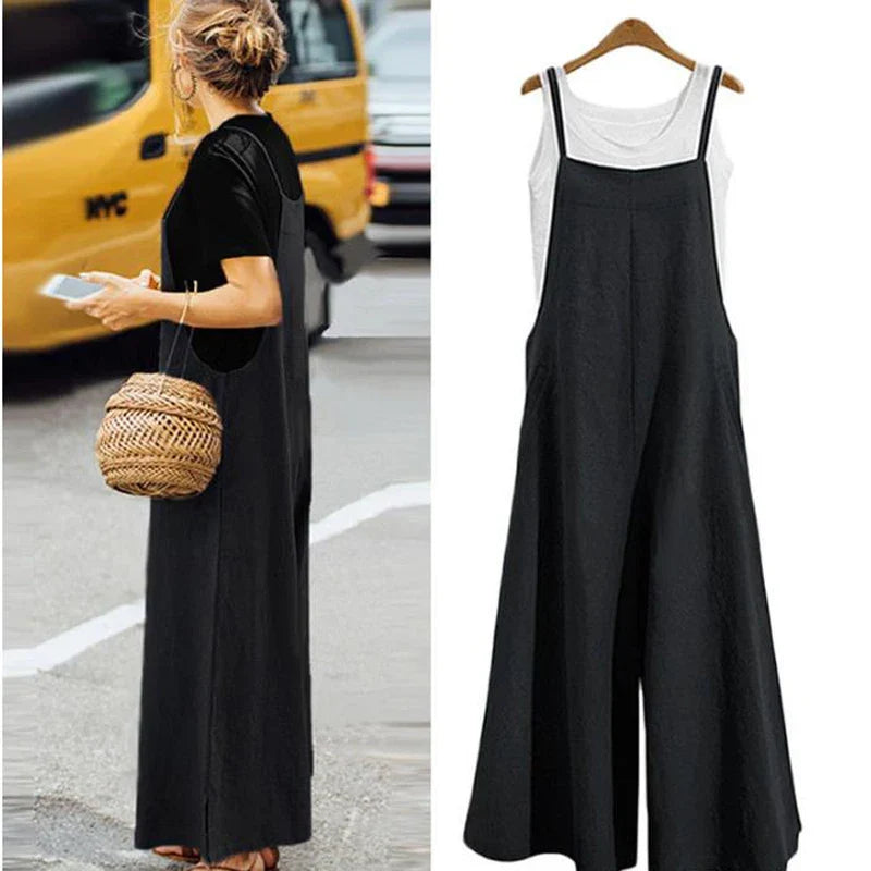 Women's sleeveless wide leg jumpsuit with dungaree front