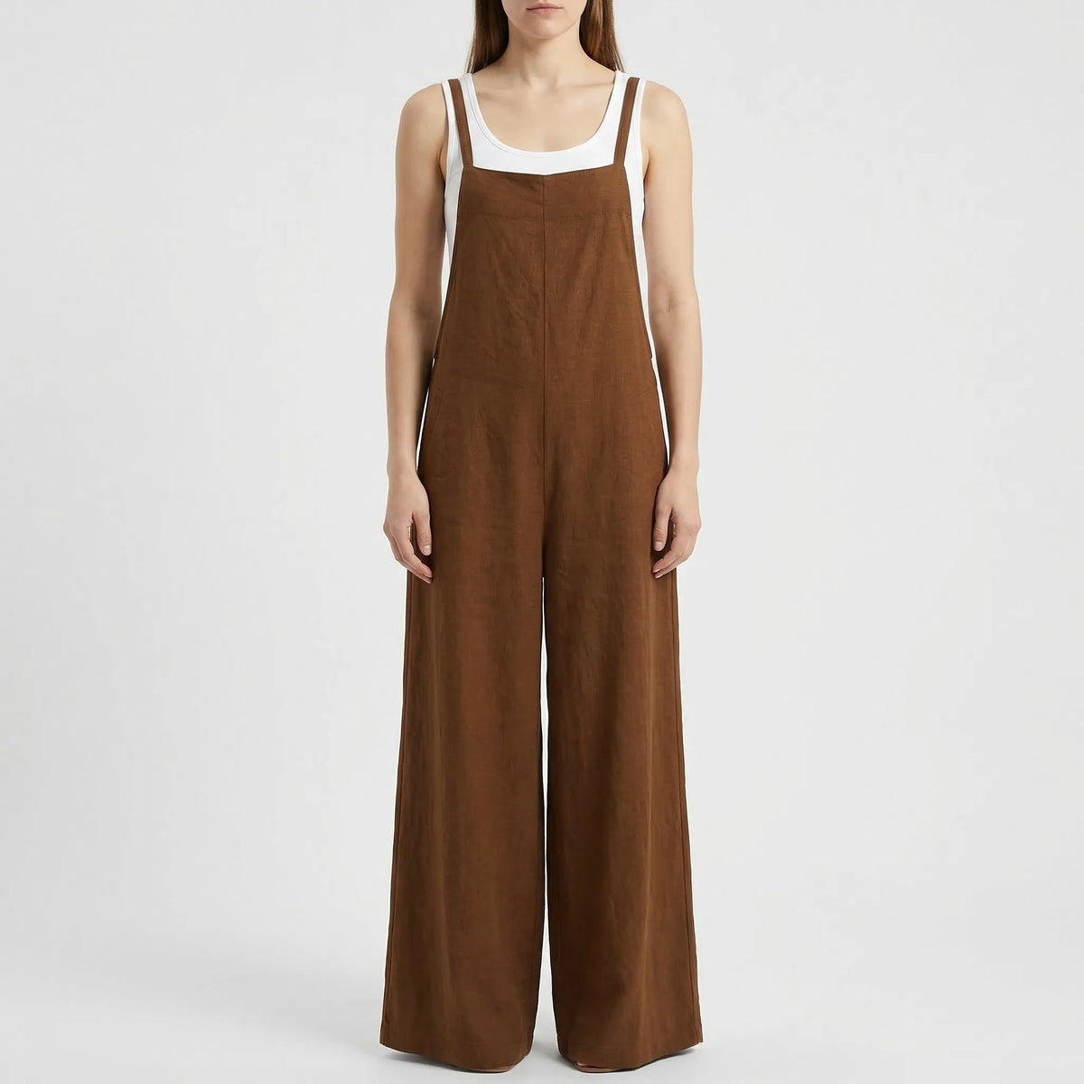 Women's sleeveless wide leg jumpsuit with dungaree front