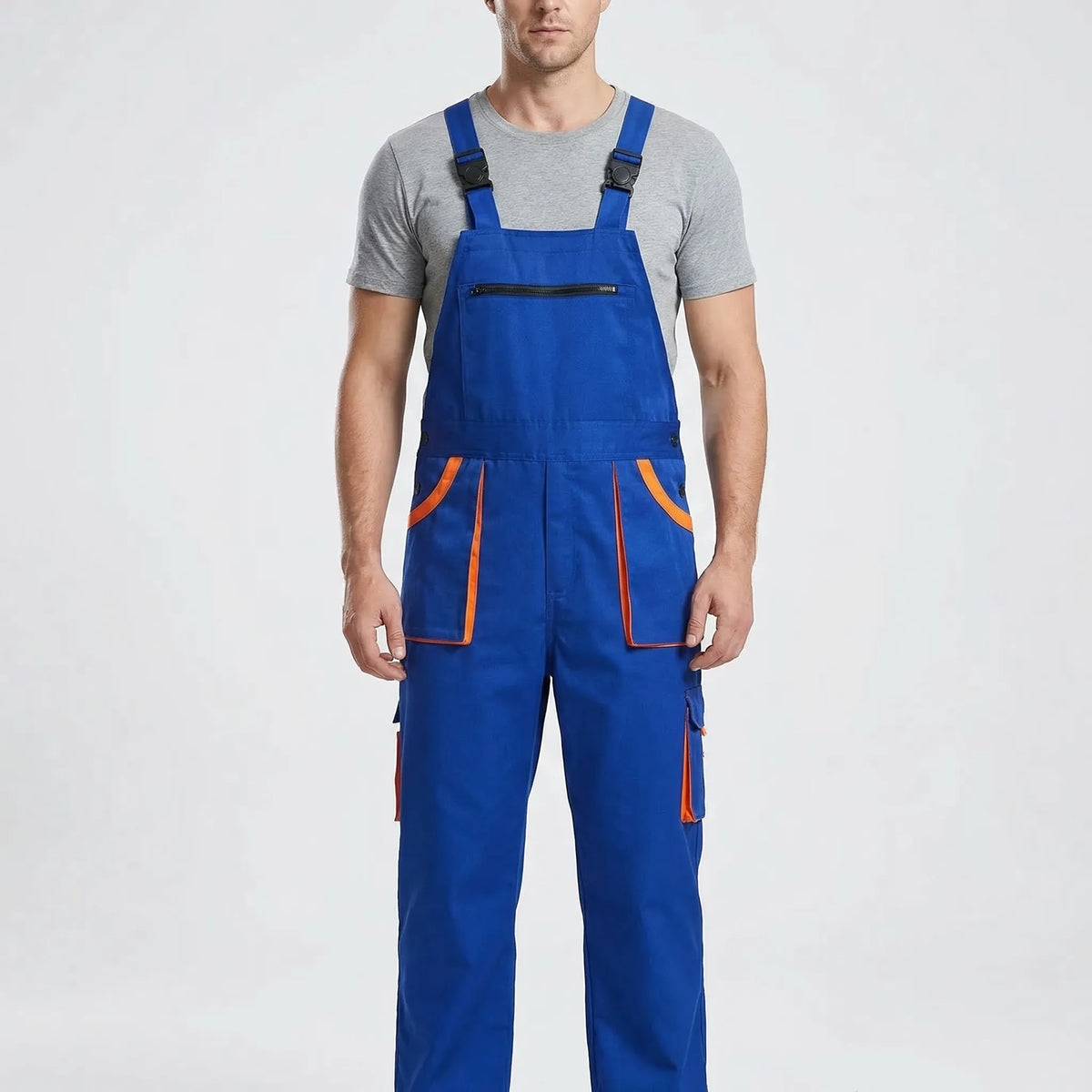 Sleeveless work overalls with bib front and cargo pockets canvas