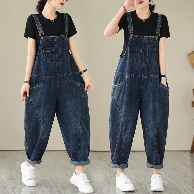 Relaxed fit denim dungarees with harem-style legs and patchwork panel details