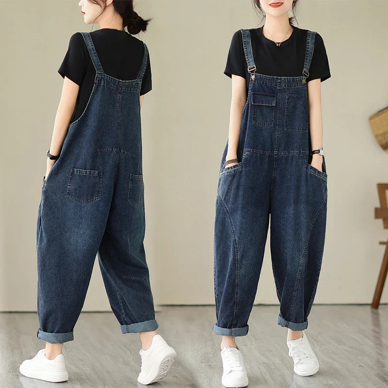 Relaxed fit denim dungarees with harem-style legs and patchwork panel details
